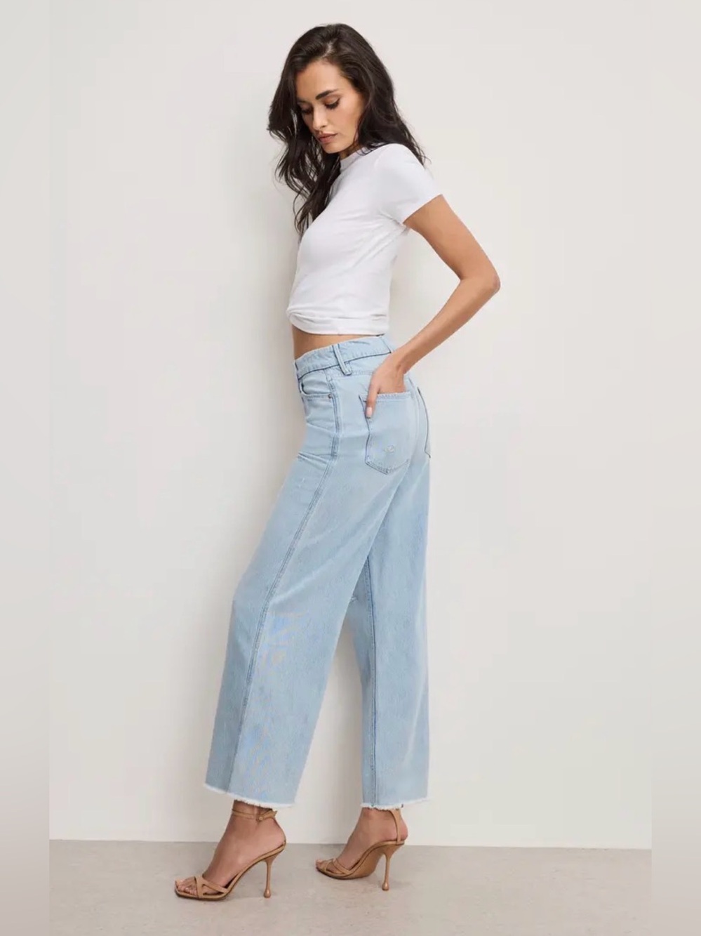 Good American Good Skate Fray Hem Crop Wide Leg Jeans - Sz. 0 - Picture 2 of 7